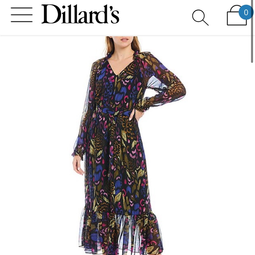 Kensie Floral Tie V-Neck Long Sleeve Ruffle Hem Midi Chiffon Dress size 16